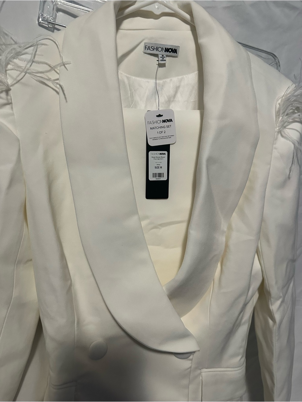 Fashion Nova Ivory Feather-Trim Double-Breasted Blazer with Wide-Leg Pants - Picture 8 of 8